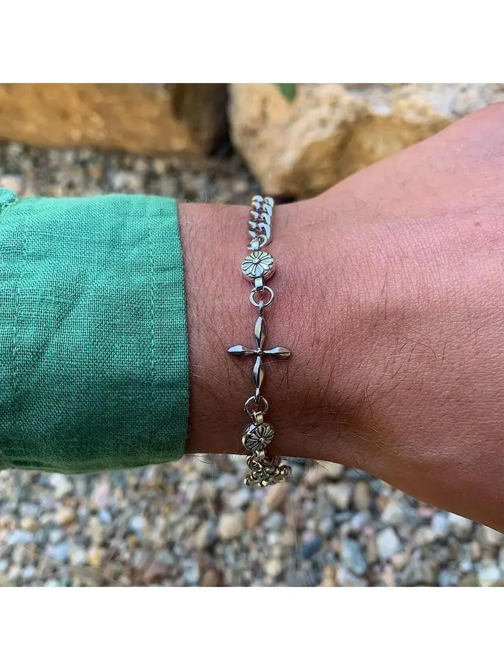 Gothic cross pendant silver bracelet